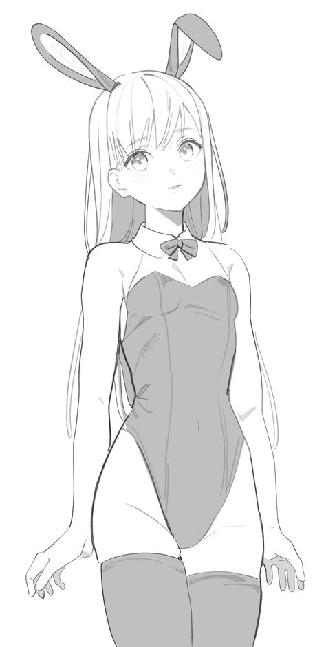 Twintails Drawing, Bunnysuit Anime, Female Anime Drawing, Anime Poses Female Reference, Full Body Drawing Reference Female, Bunny Suit Drawing Reference, Bunny Girl Drawing, Bra Drawing, Cartoon Sketches