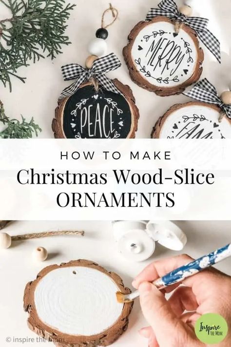 How to Make Christmas Wood Slice Ornaments - Christmas Wood Slice Ornaments, Making Ornaments, Wood Slice Ornaments, Christmas Gift Basket Ideas, Wood Slice Ornament, Wood Christmas Ornaments, Wooden Christmas Ornaments, Christmas Gift For Mom, Christmas Gift Basket