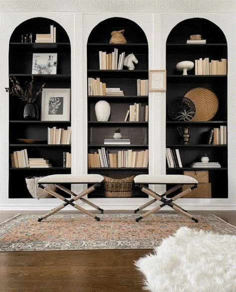 Builtin Bookshelves, Arched Bookcase, Bookcase Ideas, Tv Wand, Ikea Billy, Room Renovation, Built In Bookcase, Wood Interiors, Living Room With Fireplace