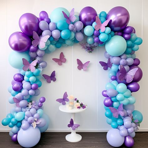 Birthday decore garland #garland #ballons #birthdaygirl #birthdaypartyideas #birthdaydecoration #decor #eventplanner #eventstyling #event #birthday Graduation Party Purple, Purple Birthday Party Decorations, Butterfly Themed Birthday Party, Butterfly Birthday Theme, Sweet 16 Decorations, Simple Birthday Decorations, Butterfly Birthday Party, Baby Shower Deco, Mothers Day Decor