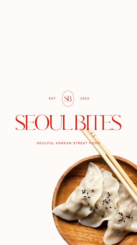 Seoul Bites Brand Identity Design Korean Cafe Graphic Design, Asian Restaurant Branding Design, Korean Food Packaging Design, Korean Food Branding, Korean Restaurant Logo, Chinese Restaurant Branding, Asian Restaurant Branding, Japan Logo Design, Korean Branding