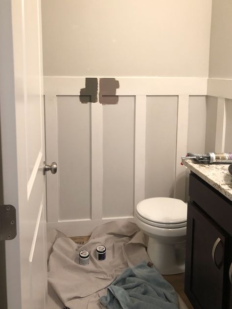 DIY Board and Batten Board And Batten Around Toilet, Half Bath Board And Batten, Board And Batten Small Bathroom, Bathroom Board And Batten With Hooks, Camper Projects, Batten Diy, Small Half Bath, 2023 Decor, Diy Board And Batten