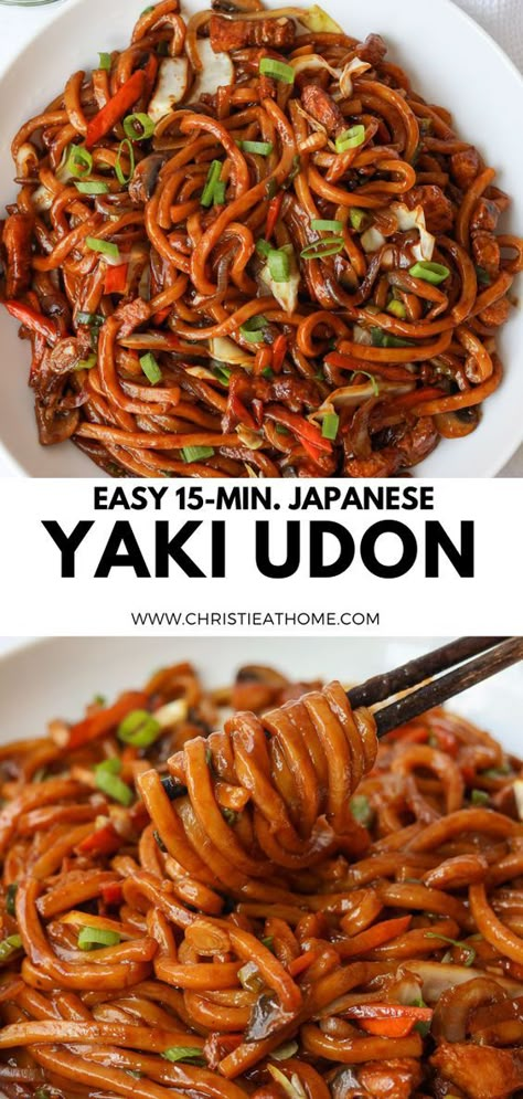 Yaki Udon. Bouncy chewy udon noodles stir fried in a delicious sweet savory sauce with vegetables and your choice of protein. This Japanese stir-fried noodle dish comes together quickly in just 15 minutes with simple ingredients in one pan! Shrimp Yaki Udon, Japanese Pan Fried Noodles, Cabbage Udon Noodles, Japanese Pan Noodles Noodles And Company, Noodles And Company Japanese Pan Noodles, Sauce For Udon Noodles, Stir Fry Udon Noodles Recipe, Japanese Pan Noodles Copycat, Easy Japanese Lunch Ideas