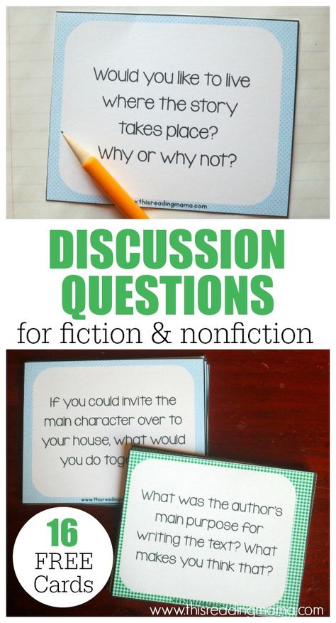 Discussions in the classroom should be student-driven. However, sometimes it can be hard for student to know where to get started. By using discussion question cards, students can use these prompts to springboard into meaningful conversation. Reading Comprehension Questions For Any Book, Reading Response Questions, Book Club Discussion Questions, Book Club Discussion, Questions For Kids, Kids Book Club, Reading Comprehension Questions, Book Discussion, 4th Grade Reading