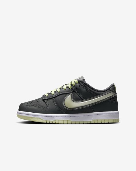 See what's lurking behind the shadows in these dark and ghostly Dunk Lows. Durable leather pairs with a slime green outsole for comfort and traction, while glow-in-the-dark details add style that feels more like a treat than a trick. Shown: Iron Grey/Lime Ice/White/Cool Grey Style: HQ3569-068 Dunk Lows, Grey Style, Black Nike, Nike Dunk Low, The Shadows, Shoes Nike, Dunk Low, Nike Dunk, Grey Fashion