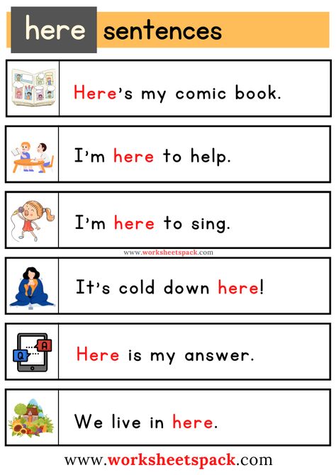 Sight Word Sentences Worksheets with Here Here Sight Word Worksheet, Grade 2 Sight Words, Sentence Making, Sentences Kindergarten, Reading Fluency Activities, Simple Sentence, Teaching Reading Comprehension, Short Sentences, Sight Word Sentences