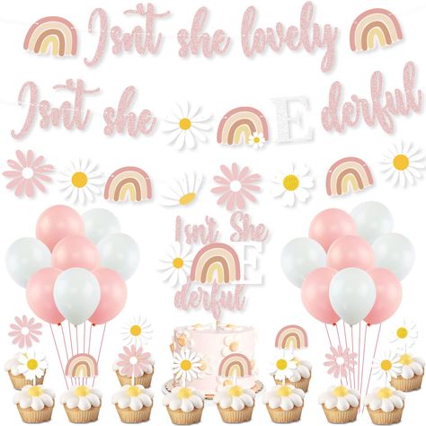 Daisy 1st Birthday Party, Birthday Party Decorations Pink, Isn't She Onederful, Daisy 1st Birthday, Rainbow Birthday Decorations, Party Decorations Pink, Rainbow Banner, Baby First Birthday Themes, Rainbow First Birthday