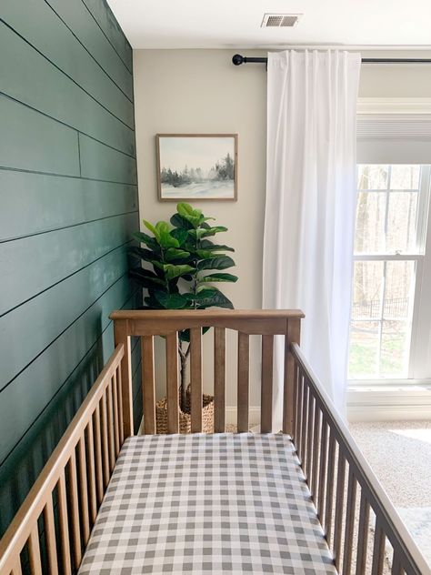 Grey Tan Green Nursery, Green Shiplap Wall Nursery, Boy Nursery Green Accent Wall, Green And Neutral Nursery, Dark Green Shiplap Wall, Hunter Green Nursery Boys, Dark Green Shiplap, Gray And Green Nursery, Grey And Green Nursery