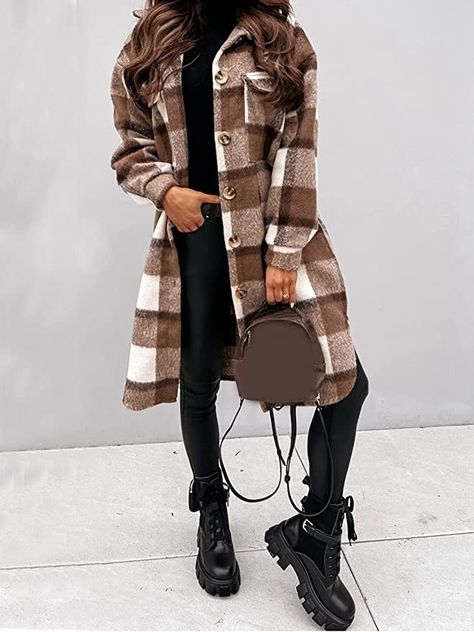 Fall fashion Oversized Plaid Jacket Outfit, Shacket Outfits, Plaid Jacket Outfit, Wool Shacket, Stylish Winter Coats, Streetwear Shirts, Oversized Flannel, Retro Streetwear, Women Overcoat