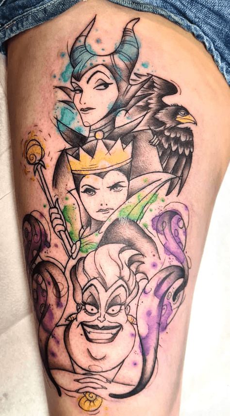 Malificent Tattoo Dragon, Evil Disney Tattoos, Disney Villains Tattoos, Evil Queen Tattoo Ideas, Evil Queen Tattoo, Dark Disney Tattoos, Disney Villain Tattoo, Queen Tattoo Ideas, Ursula Tattoo