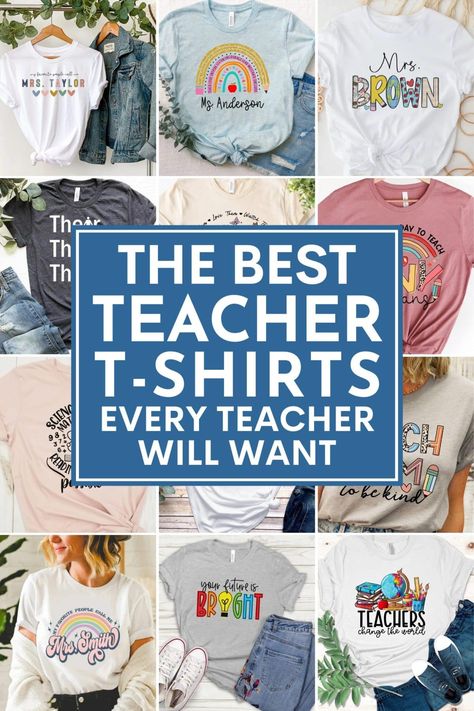 An awesome collection of the best teacher t-shirts every teacher will want! We've found more than 50 fun t-shirts we know teachers will love to wear this school year. Teachers T Shirts Ideas Design, Popular Teacher Shirts, T Shirt For Teachers, Inspirational Teacher Shirts, Tshirts Cricut Ideas, Fun Teacher Tshirts, Teacher Tshirts Designs Funny, Back To School Tshirt Ideas For Teachers, Staff Shirts For Teachers