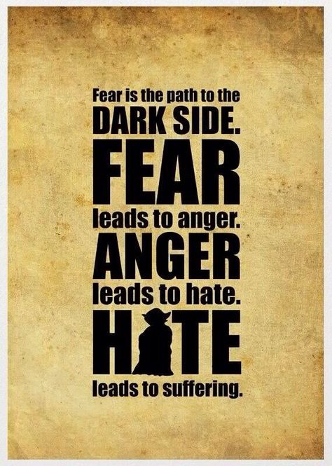 Fear is the path to the dark side. Fear leads to anger. Anger leads to hate. Hates leads to suffering. Yoda Poster, Fear Leads To Anger, Yoda Quotes, Need Quotes, Star Wars Quotes, Famous Movie Quotes, Star Wars Comics, Star Wars Film, Star Wars Yoda