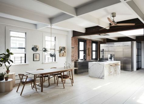 Scandinavian minimalism meets the rough aesthetics in this Tribeca house designed by Søren Rose Studio.   It’s difficult, strike that, it’s impossible to find a pre-war space in TriBeCa that... Nyc Loft, Tribeca Loft, Gravity Home, New York Loft, Loft Interiors, Kitchen And Dining Room, Baby Shower Decor, Kitchen Marble, Loft Apartment