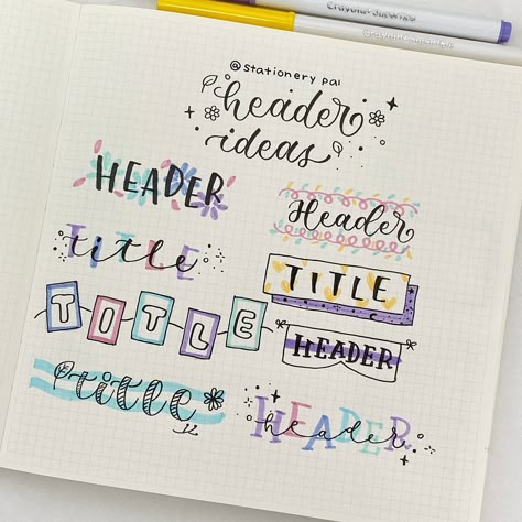 decor your journal with these cute headers! . . . 🎈Get great deals for washi tapes, pens, brush pens, and much other stationery at our shop. Click the link in bio @stationerypal or visit stationerypal.com Tittle Ideas Decoration, Hand Lettering Headers, Tittle Ideas For Friends, Brush Pen Headers, Highlighter Header Ideas, Tittle Ideas For Highlight, Tulisan Brush Pen, Simple Heading Design For Project, Decorative Headings For Projects