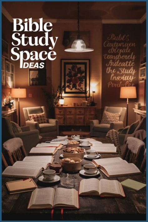 Cozy Bible study space with comfortable seating, warm lighting, and open books on a central table. Bible Study Room Ideas, Bible Study Desk, Bible Study Room, Study Space Ideas, Bible Library, Desk Workspace, Sunday School Rooms, Sunday School Classroom, Ministry Ideas