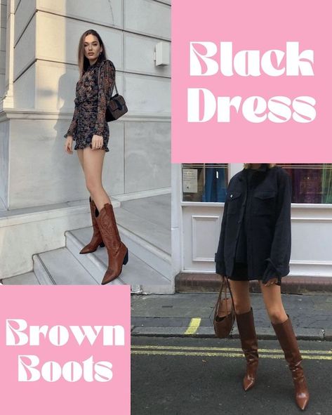 73 Brown Boots Outfit Ideas To Turn Any Outfit Into Fall - ljanestyle.com Black Dress Brown Boots Outfit, Brown Boots Black Dress, Black Dress With Brown Boots, Brown Boots Outfit Ideas, Brown Over The Knee Boot Outfit, Black Dress Brown Boots, Brown Boots Outfit Winter, Dark Brown Boots Outfit, Brown Knee High Boots Outfit