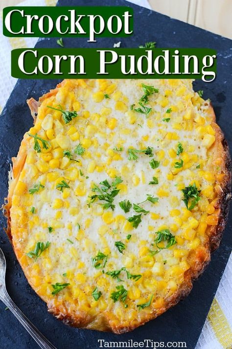 Crock Pot Corn Pudding Recipe, Crockpot Corn Pudding, Crock Pot Corn Pudding, Christmas Vegetable Dishes, Slow Cooker Corn Casserole, Corn Casserole Crockpot, Crockpot Thanksgiving, Crockpot Corn, Corn Pudding Recipe