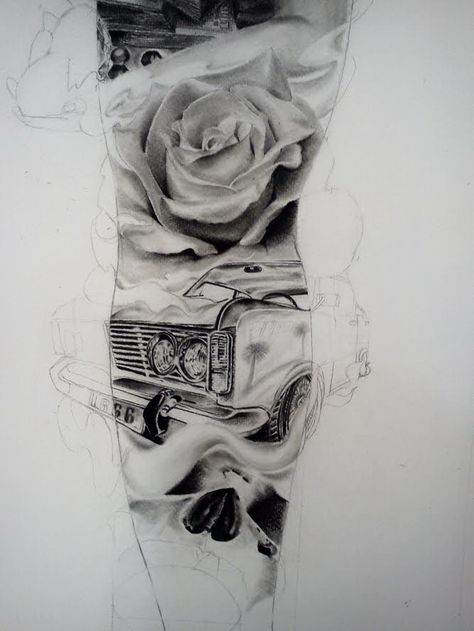 #Classic#car#Rose#tattoo design#Full sleeve#skullAsian#Lady#gangsta#original#Patong beach#Phuket#ThaiLAnd#Female#Tattooist Auto Tattoo, Pet Tattoos, Diy Tattoo Permanent, Best Tattoo Ever, Tattoo Diy, Gangsta Tattoos, Stick N Poke, Small Tattoos Simple, Car Tattoos