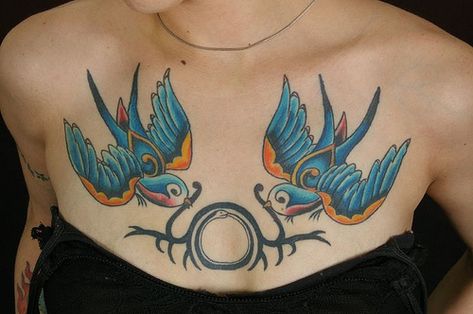 Bird Chest Tattoo Female, Feminine Bird Tattoos, Colorful Chest Tattoo, Bird Chest Tattoo, Chest Tattoo With Meaning, Lark Bunting, Chest Tattoo Girl, Chest Piece Tattoo, Swallow Tattoos