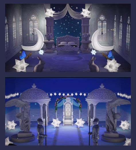 Starry Island Animal Crossing, Moon Room Animal Crossing, Acnh Moon House, Fantasy Themed Animal Crossing Island, Animal Crossing Star Theme, Star Filled Sanctuary Acnh, Animal Crossing Star Island, Cute Animal Crossing Room Ideas, Moon Island Animal Crossing