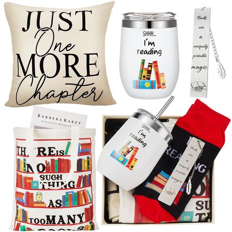 PRICES MAY VARY. Gifts for Book Lovers Set of 5: the package contains 1 library canvas tote bag, 1 book lover pillow case, 1 pair of socks, 1 bookmark, 1 insulated stainless steel wine tumbler with lid, 5 pcs in all, the various and functional set will win many praises from gift receivers, and show your care and love Inspirational and Warm Design: the book reader gifts boast a tastefully refined design, each adorned with heartfelt, motivating phrases that inspire readers to keep turning pages an Book Accessories Gift Ideas, Co Teacher Gifts, Book Lover Gift Basket, Book Basket Ideas, Romance Bookstore, Book Lovers Gift Basket, Book Gift Basket, Book Lover Gift Ideas, Book Gift Ideas