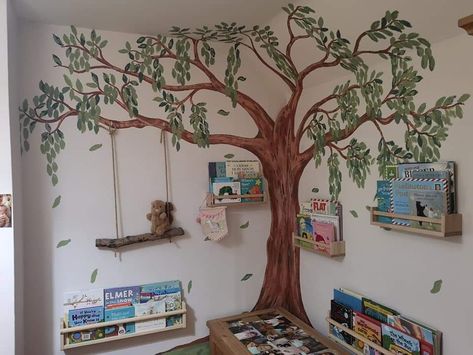 Tree Painting Nursery, Painting Tree On Wall, Painted Tree In Corner Of Room, Tree In Nursery Room, Playroom Tree Mural, Diy Mural Nursery, Treehouse Nursery Theme, Painted Tree Wall Murals, Corner Tree Mural