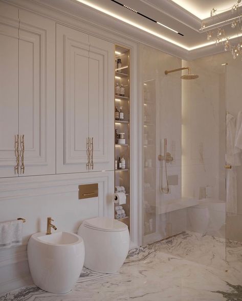 Neoclassical Bathroom Design, Neo Classical Bathroom, Neoclassical Bathroom, Modern Classic Bathroom, Neo Classic Design, Classical Bathroom, Dream Apartment Decor, Classic Bathroom, Neo Classic