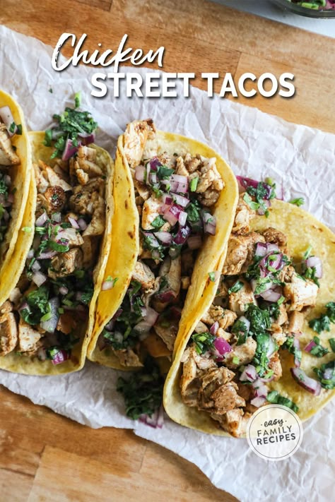 These street chicken tacos are a FAVORITE and they’ll be one of yours too! A zippy lime marinade makes the chicken thigh taco filling extra juicy and flavorful, while a simple homemade salsa topping is the perfect finishing touch. Add warm corn tortillas and you’ve got a winning weeknight dinner that the whole family will love! Street Chicken Tacos, Easy Street Tacos, Mexican Hot Sauce Recipe, Chicken Street Tacos Recipe, Street Tacos Recipe, Tacos At Home, Chicken Street Tacos, Street Chicken, Lime Marinade