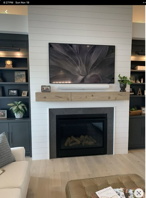 Black Built Ins White Fireplace, Contemporary Farmhouse Fireplace, Black Built In Fireplace, Accent Wall Beside Fireplace, Fireplace With Dark Built In Cabinets, Flushed Fireplace Wall, White Fireplace With Black Built Ins, Fireplace Side Wall Decor, Fireplace Paneling Wall Living Room