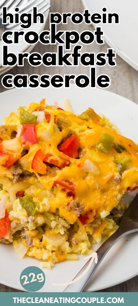 High Protein Crock Pot Breakfast Casserole Recipe is so delicious! This slow cooker egg casserole with sausage cooks overnight for a healthy breakfast! You could also make it with ham or with bacon! Sausage Breakfast Crockpot Recipes, Healthy Breakfast Crockpot, Breakfast Casserole Crockpot With Hashbrowns, Crockpot Healthy Breakfast, Slow Cooker Overnight Breakfast Casserole, Easy Slow Cooker Breakfast Casserole, Crock Pot Egg Casserole Overnight, Crockpot Breakfast Casserole Healthy, Best Crockpot Breakfast Casserole