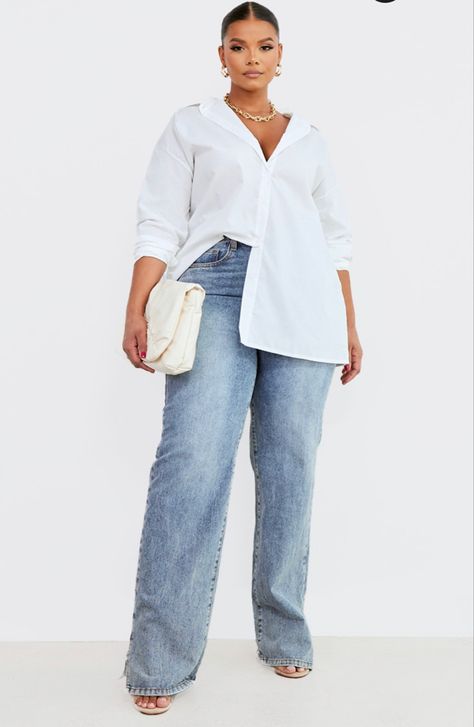 Oversized White Shirt Plus Size, White Shirts Outfits For Women, White Shirt And Jeans Outfit Plus Size, White Shirt Blue Jeans Outfit Women Plus Size, Oversized White Shirt Outfit Plus Size, Oversized Shirt And Jeans Outfit Women, Loose White Shirt Outfit Women, Blue Jean And White Top Outfits, Plus Size White Shirt Outfit