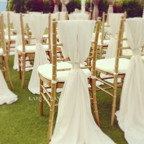 long flowing fabric tied to chiavari chairs Bridal Chair Decorations, Chair Swag, Bridal Chair, Chair Accessories, Taylor Wedding, Ceremony Chairs, Chair Ties, Wedding Chair Decorations, Chair Sash