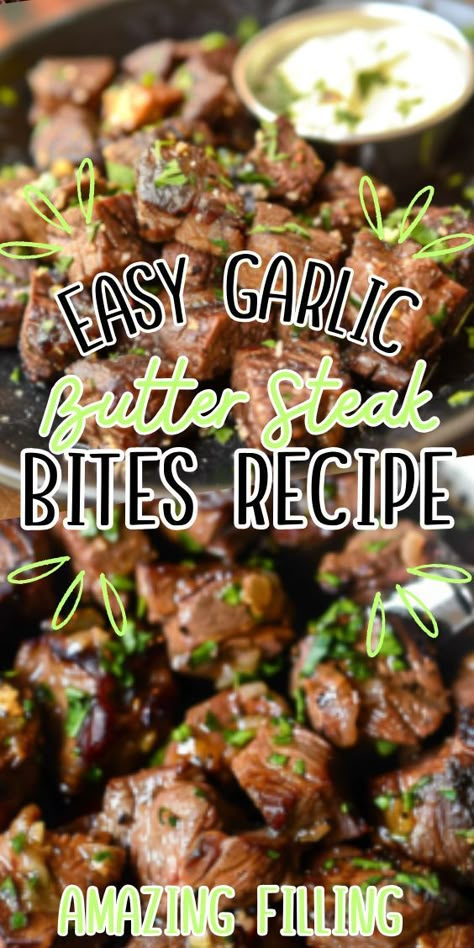 Easy Garlic Butter Steak Bites—a savory and succulent dish that's bursting with flavor. Imagine tender pieces of steak, seared to perfection and coated in a rich garlic butter sauce, creating a mouthwatering experience that will leave you craving more. Whether served as an appetizer, main Steak Bites With Garlic Butter Oven, Gourmet Steak, Easy Garlic Butter, Garlic Butter Steak Bites, Butter Steak Bites, Steak Bites Recipe, Garlic Steak, Garlic Beef, Crockpot Stew