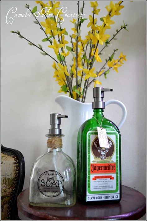 17 Outstanding Ways To Reuse Glass Bottles | Homesthetics - Inspiring ideas for your home. Diy Soap Dispenser, Old Liquor Bottles, Liquor Bottle Crafts, Soap Dispensers, Soap Pump, Wine Bottle Crafts, Liquor Bottles, Diy Soap, Diy Home Decor Projects