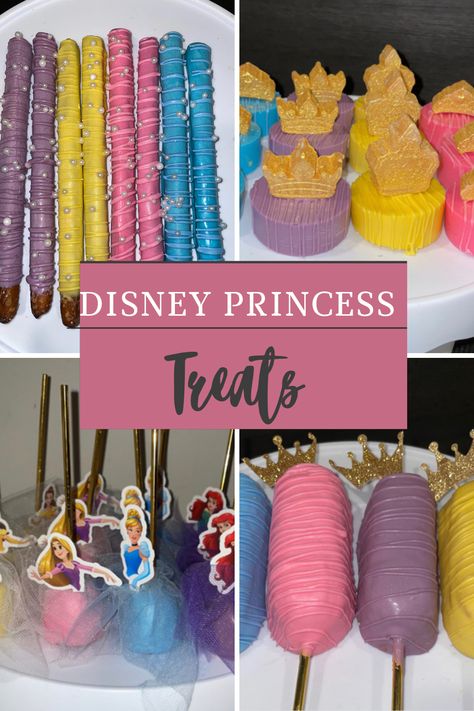 Princess Treats Ideas, Disney Theme Dessert Table, Disney Princess Chocolate Covered Pretzels, Princess Rice Crispy Treats, Disney Princess Pretzel Rods, Princess Chocolate Covered Oreos, Disney Princess Birthday Treats, Disney Princess Chocolate Covered Oreos, Princess Pretzel Rods