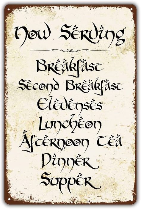 Hobbit Menu Sign, Lord Of The Rings Kitchen Decor, Lotr Quotes Funny, Second Breakfast Lotr, Lotr Signs, Lotr Kitchen, Hobbit Sign, Hobbit Dinner, Lotr Themed Wedding