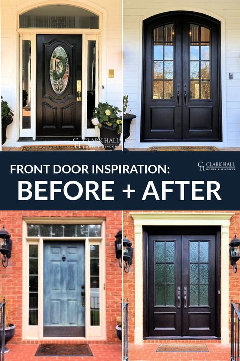 These single doors with sidelights were transformed into beautiful iron traditional double doors. Another example of Clark Hall upgrading "The First Hello." Front Door With Sidelights To Double Door, Single To Double Front Door, Turning Single Door Into Double Door, Single Front Door To Double Doors, Double Door With Sidelights, Should Sidelights Match Front Door, Front Door With One Sidelight Traditional, Single Door With Sidelights To Double Door, Doors With Sidelights