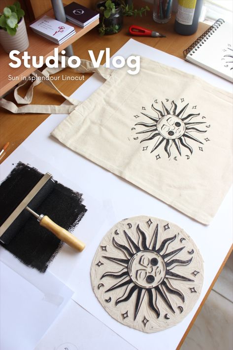 Silent Vlog / ASMR - Linocut carving and printing Tote Bag of the Sun in Splendor - Vintage Sun with Face, Mystic Sun DIY Linocut On Clothes, Lino Printing On Fabric, Lino Print Tote Bag, Block Print Tote Bag, Lino Printing Ideas, Linocut Art Ideas, Diy Block Printing, Linocut Carving, Lino Stamp