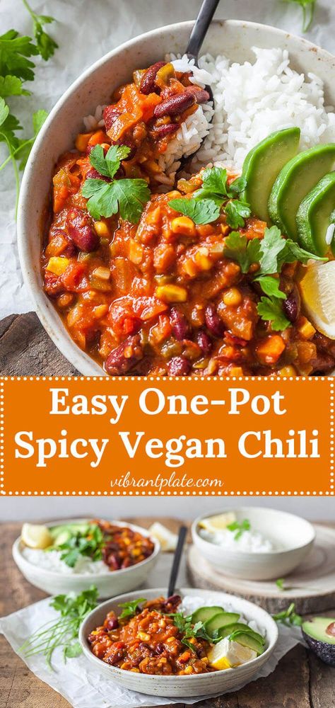 This Easy One-Pot Spicy Vegan Chili is packed with vegetables and ready in just 30 minutes. The perfect winter comfort food! #chili #veganchili #vegan #veganrecipes #onepot #vegetarian #vegetarianrecipes Chili Easy, Recipes Winter, Vegan Chili Recipe, One Pot Vegetarian, Winter Meals, Winter Comfort Food, Vegan Chili, Veg Dishes, Vegetarian Entrees