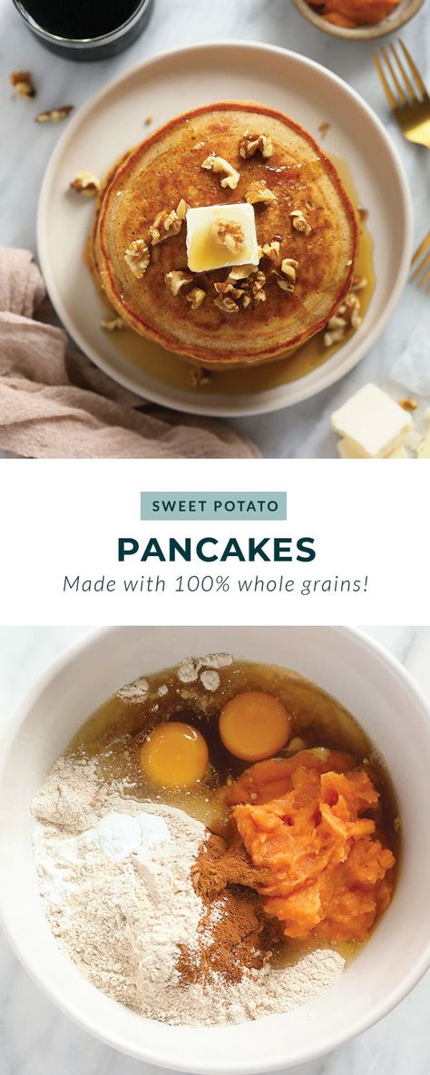 Sweet Potato Pancakes Recipe, Sweet Potato Puree, Healthy Pancake, Healthy Sweet Potato, Fit Foodie Finds, Healthy Pancake Recipes, Sweet Potato Waffles, Sweet Potato Pancakes, Stuffed Sweet Potato Healthy