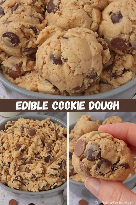 Recipe for Edible Cookie Dough - safe to eat raw with heat treated flour and no eggs, made with brown sugar and plenty of chocolate chips! #thebakingexplorer #cookiedough #ediblecookiedough #chocolatechips #brownsugar Heat Treated Flour, Desserts With Chocolate Chips, Cookie Dough To Eat, Dinner Party Desserts, Raw Cookie Dough, Drink Inspiration, Dough Recipes, Healthy Cookie Recipes, Cookie Dough Recipes