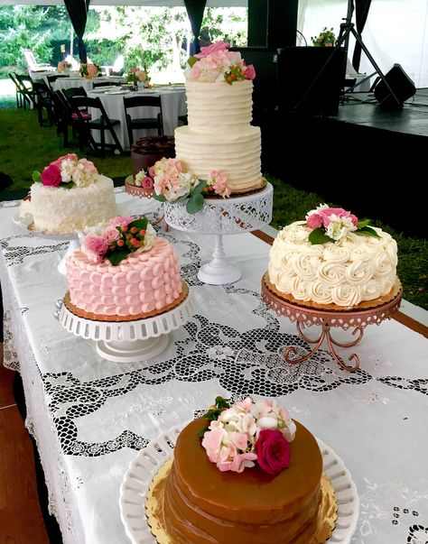 Multiple Wedding Cakes Table  #auntnancysweddingcakes Wedding Cakes Table, Multiple Wedding Cakes, Cakes Table, Wedding Cake Display Table, Vintage Pasta, Wedding Cake Table Decorations, Cake Display Table, Red Birthday Cakes, Wedding Cake Display