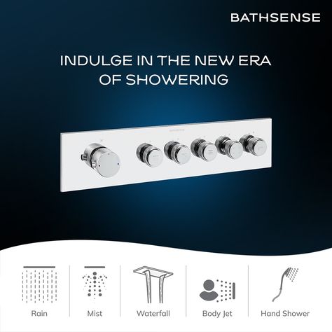 A clear guide for understanding each mode’s function of the 5-Way Thermostatic Diverter. It includes Rainfall for even coverage, Mist for a light spray, Cascade for a directed flow, Multi-Body Shower for extensive coverage, and Hand Shower for targeted use. #BathsenseByAsianPaints #AsianPaints (Bathroom Decor,5-Way NeoControl+ Thermostatic Diverter, Luxury Shower, Types of shower Bathroom Designs, Bathroom Inspiration, Bathroom fittings & faucets, premium bathroom, bathroom renovation, Bath... Inspiration Bathroom, Bathroom Fittings, Asian Paints, Shower Bathroom, Luxury Shower, Body Shower, Bathroom Designs, Bathroom Renovation, Bathroom Inspiration