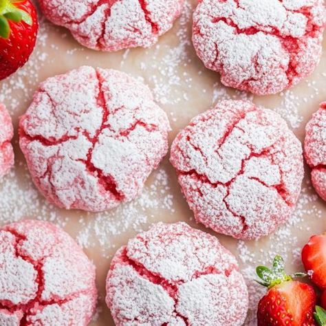 Strawberry Crinkle Cookies, Crisco Cookies, Cookies With Cake Mix, Candy Cookies Recipes, Leftover Strawberries, Crinkle Cookies Recipe, Strawberry Cake Mix, Christmas Baking Recipes, Strawberry Cookies