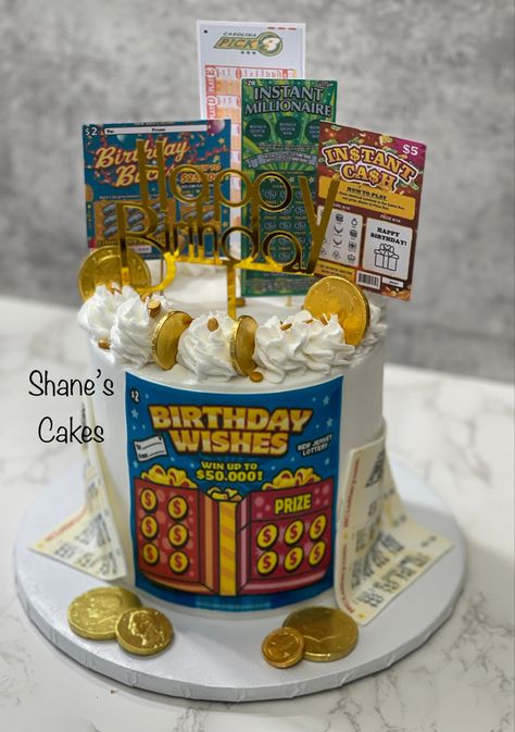 Lottery cake; money cake Lottery Ticket Cake Ideas, Lottery Birthday Party Ideas, Lottery Party Theme, Lottery Ticket Birthday Cake, Lottery Cake Ideas, Lottery Themed Birthday Party, Lottery Ticket Cake, Money Themed Cake, Casino Birthday Party