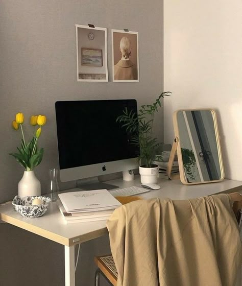 A Desk, Computer, Desk, Mirror, Yellow, Flowers, Wall