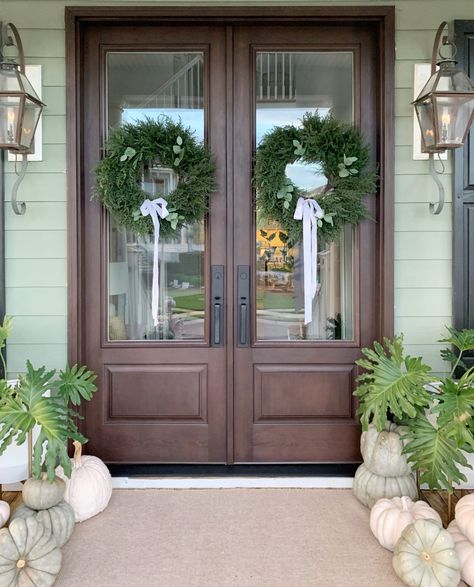 Double front doors with 3/4 glass to let in tons of light Double Glass Entry Doors, Coastal Oak, Double Front Entry Doors, Fiberglass Exterior Doors, Double Entry Doors, Double Front Doors, Front Entry Doors, Front Door Design, Glass Front Door