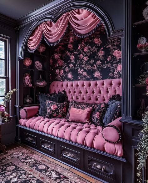 Goth Barbie Aesthetic, Romantic Goth Room, Pink Goth Room, Pink And Black Bedroom Ideas, Pink And Black Bedroom, Black Bedroom Ideas, Goth House, Goth Room, Goth Bedroom