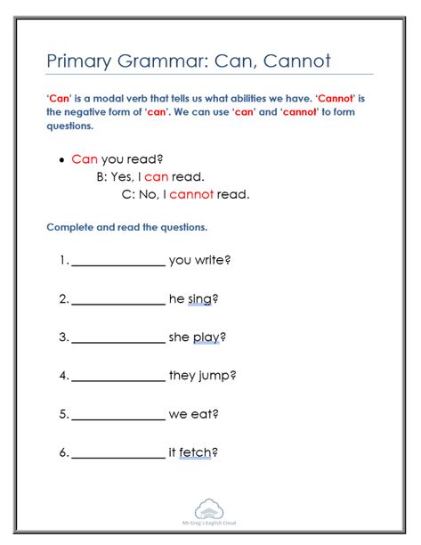 Primary Grammar Worksheets - Mr Greg's English Cloud Can Cannot Worksheet, English Worksheets For Kids, Kids English, Grammar Worksheets, English Worksheets, Worksheets For Kids, Primary School, Grammar, Art Lessons