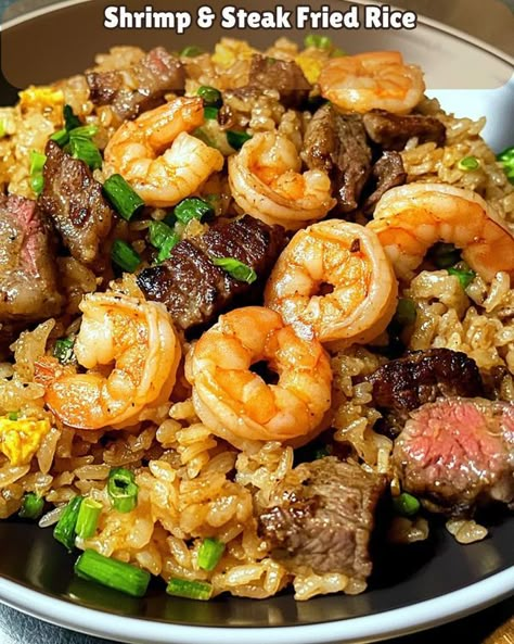 Teriyaki Steak Fried Rice, Easy Steak Fried Rice, Shrimp And Steak Fried Rice Recipe, Steak And Shrimp Fried Rice Recipe, Dinner Recipes For Family Steak, Surf And Turf Fried Rice, Shrimp And Steak Fried Rice, Steak And Shrimp Fried Rice, Shrimp And Steak Recipes